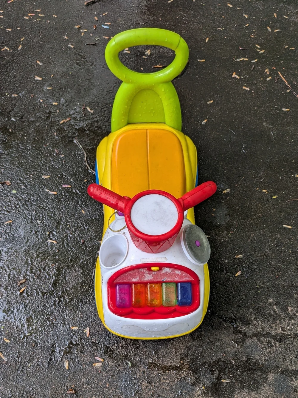 Kids Push Ride-On Toy Car in Yellow & Green with Red Steering